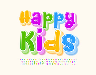 Vector funny poster Happy Kids with colorful calligraphic Font. Playful Alphabet Letters, Numbers and Symbols set