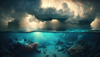 Fantasy landscape: beautiful storm clouds over tropical sea underwater view. Generative ai. - obrazy, fototapety, plakaty