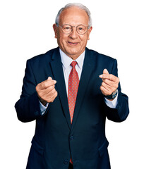 Senior man with grey hair wearing business suit and glasses doing money gesture with hands, asking...