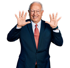 Senior man with grey hair wearing business suit and glasses showing and pointing up with fingers number ten while smiling confident and happy.