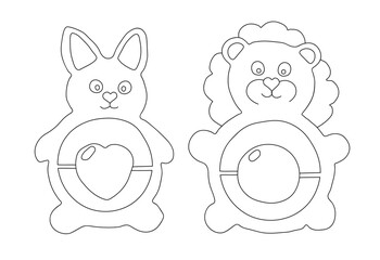 Outline of set of two rattles in the shape of bunny and lion. Vector illustration on a white background