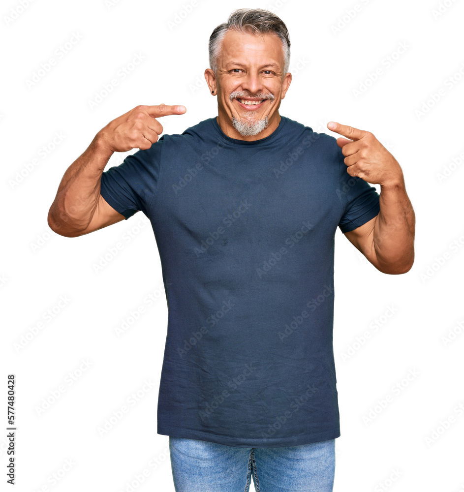 Sticker middle age grey-haired man wearing casual clothes smiling cheerful showing and pointing with fingers