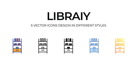 library Icon Design in Five style with Editable Stroke. Line, Solid, Flat Line, Duo Tone Color, and Color Gradient Line. Suitable for Web Page, Mobile App, UI, UX and GUI design.