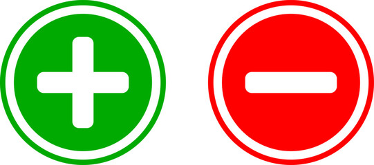 Plus Minus or Positive Negative or Yes and No or Right and Wrong or Approved and Declined or Advantage and Disadvantage Sign Icon Set in Green and Red Circles. Vector Image. - obrazy, fototapety, plakaty