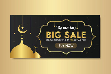 Fototapeta na wymiar Ramadan Sale And Square Theme Banner With Big Sale Offer Crescent Moon and stars.