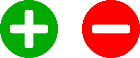 Obraz premium Plus Minus or Positive Negative or Yes and No or Right and Wrong or Approved and Declined Sign Icon Set in Green and Red Circles. Vector Image.