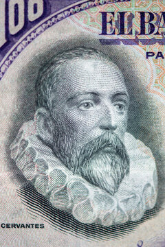 Detailed image of Miguel de Cervantes in the Spanish 100 pesetas banknote of 1928