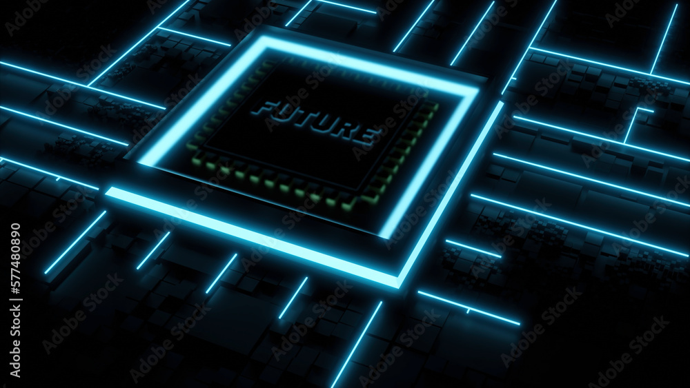 Poster 3d chip with neon nets. design. 3d chip runs computer's software networks. chip labeled future launc