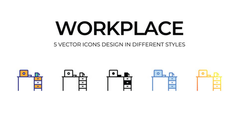 workplace Icon Design in Five style with Editable Stroke. Line, Solid, Flat Line, Duo Tone Color, and Color Gradient Line. Suitable for Web Page, Mobile App, UI, UX and GUI design.