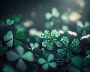 Festive background with shining clover shamrocks. St. Patrick's Day backdrop