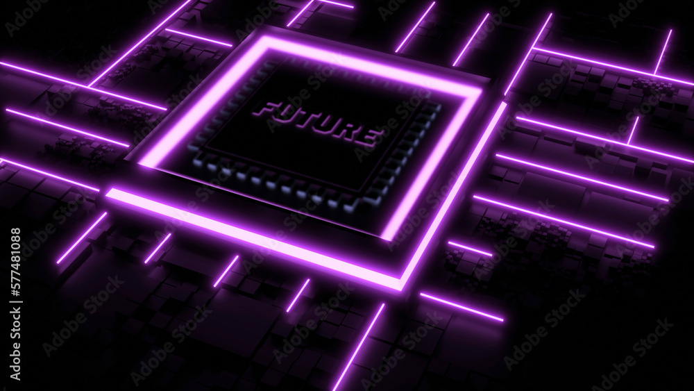 Poster 3d chip with neon nets. design. 3d chip runs computer's software networks. chip labeled future launc