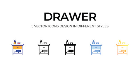 drawer Icon Design in Five style with Editable Stroke. Line, Solid, Flat Line, Duo Tone Color, and Color Gradient Line. Suitable for Web Page, Mobile App, UI, UX and GUI design.