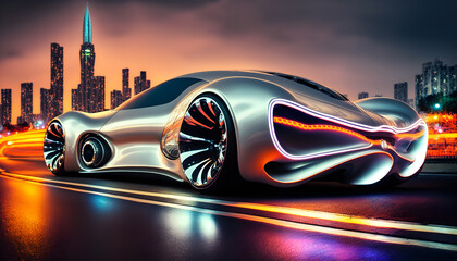 The sleek silver futuristic car glides effortlessly through a neon-lit cityscape generative ai