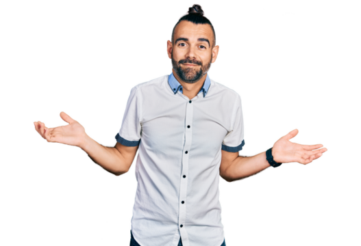 Hispanic man with ponytail wearing casual white shirt smiling showing both hands open palms, presenting and advertising comparison and balance