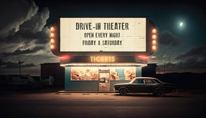 Car at at 60s drive-in theater at at the tickets booth - 577481286