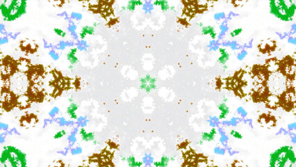 Colorful animation with floral kaleidoscopic pattern. Motion. Colorful floral patterns in psychedelic pattern on white background. Kaleidoscope with colorful patterns and white background