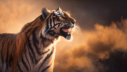 Tiger side view roaring hyper realistic generative ai