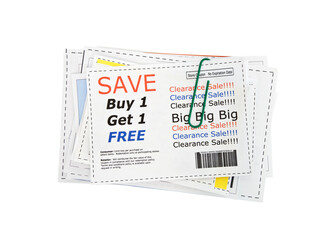 Completely fake store coupons.  Fictional bar codes.  All coupons were created by the photographer.  No real ads were used.  Isolated with cut out background. - obrazy, fototapety, plakaty