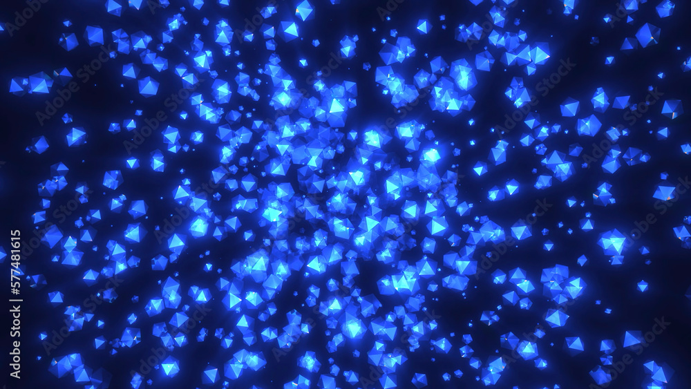 Poster shining geometric particles in flow. motion. spreading stream of shimmering geometric particles. spr