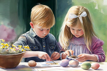 Naklejka premium Watercolor illustration of a boy and girl painting easter eggs. Ai Generative Art