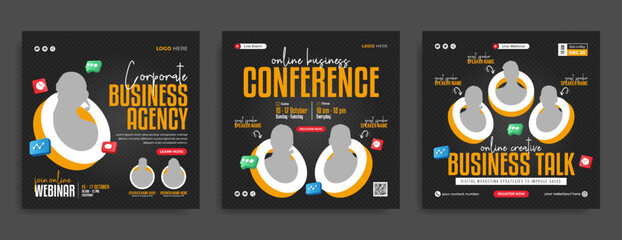 Digital marketing and corporate business promotion social media post template. Online webinar, annual conference, workshop, training or meeting advertisement banner or flyer with company logo & icon. 