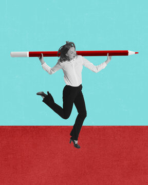 Conceptual design. Contemporary art collage. Young woman, motivated employee carrying giant pencil. Stratup, project. Concept of business, career development, personal and professional growth