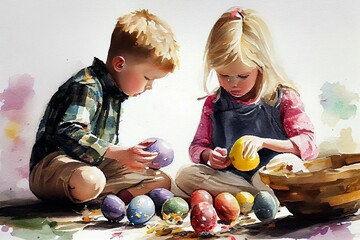 Fototapeta premium Watercolor illustration of a boy and girl painting easter eggs. Ai Generative Art