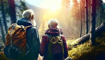 Senior happy couple hikers through forest in snowy mountains, open-air living, connecting with nature, travel outdoors, active age, AI generative
