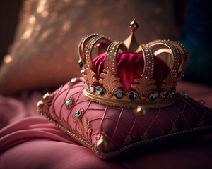 Royal golden crown with jewels on pillow on pink background, symbols of UK United Kingdom monarchy.