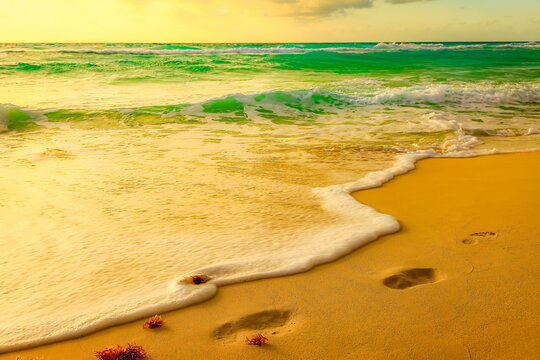 Idyllic and deserted beach at sunset with footsteps in Cancun, Mexican Caribbean