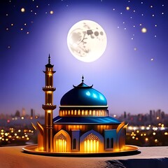 Ramadan kareem atmosphere in this year illustration of dates and mosque dome beautiful moon and stars background generative ai concept, good to use for business, blog, website etc