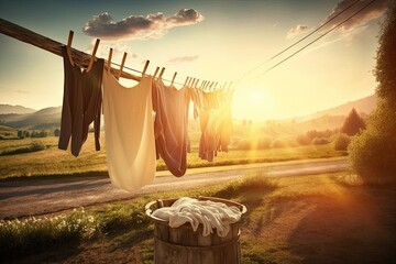 beautiful summer day clothesline outdoor with laundry drying in sunset, created with generative ai