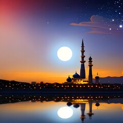 Ramadan kareem atmosphere in this year illustration of dates and mosque dome beautiful moon and stars background generative ai concept, good to use for business, blog, website etc