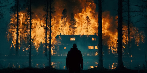 scary halloween background a man sets fire to a house