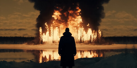 silhouette of a man watching a forest burn near a lake - obrazy, fototapety, plakaty