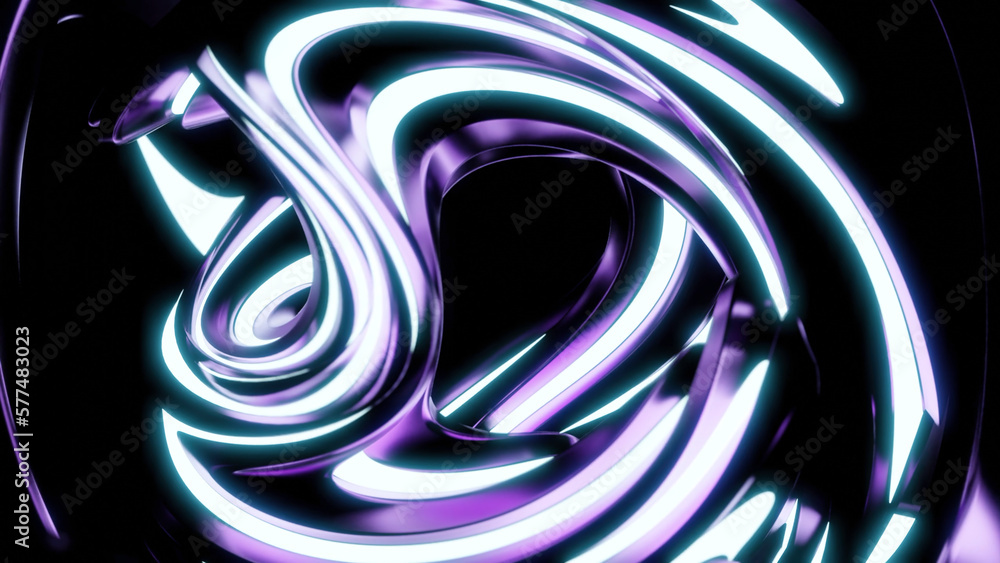 Poster abstract rotating figure with neon lines. design. 3d figure made of curves and neon lines rotates in