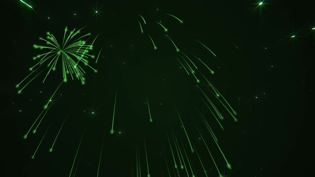 Saint Patrick's Day celebration firework display background with exploding green fireworks and shiny flowing stars and particles.