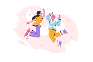 Friends hands give high five together in the jump. Team High Five. Happy people jumping in confetti, celebrate, play, clap. Successful completion of work, tasks. Cartoon cheerful together.