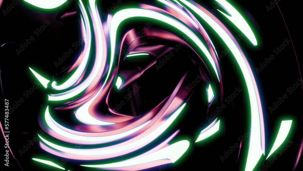 Poster abstract rotating figure with neon lines. design. 3d figure made of curves and neon lines rotates in