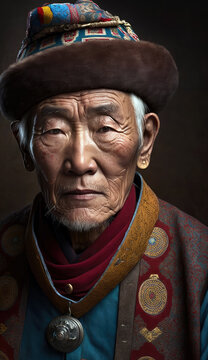 Calm Tibetan Man in Bold Traditional Chuba - Cultural Attire Portrait (created with Generative AI)