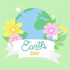 A layer of Earth with flowers around. Earth day phrase on ribbon. Illustration for World Earth Day. Save the earth.