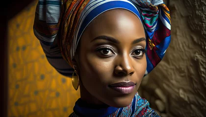 Fototapeten Joyful Nigerian Woman in Vibrant Gele and Buba - Cultural Fashion Portrait (created with Generative AI) © AstralAngel