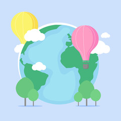 Naklejka premium Blue Earth with trees, clouds and air balloons. Illustration for World Earth Day. Save Earth.
