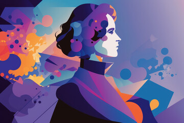 A silhouette of a woman made up of colorful geometric shapes