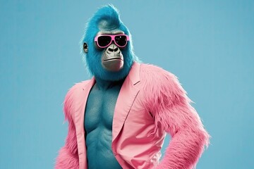 Blue gorilla with sunglasses. Generative AI - obrazy, fototapety, plakaty