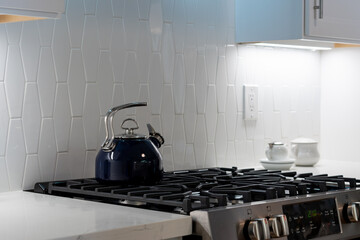 Modern kitchen details of gas stove with vertical tile backsplash and teapot.