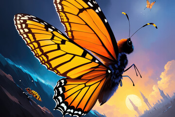 Colorful magic butterfly, cartoon style painting. Generative ai art illustration