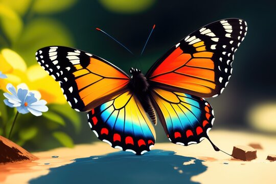 Colorful magic butterfly, cartoon style painting. Generative ai art illustration