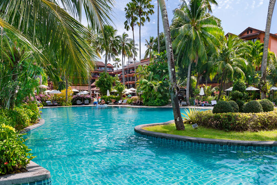 THAILAND, PHUKET, FEBRUARY, 2023: Swimming pool among a beautiful garden with tall palm trees on the territory of Patong Merlin Hotel in Phuket, Thailand