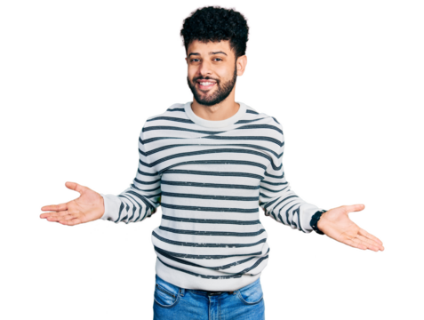 Young arab man with beard wearing casual striped sweater smiling showing both hands open palms, presenting and advertising comparison and balance